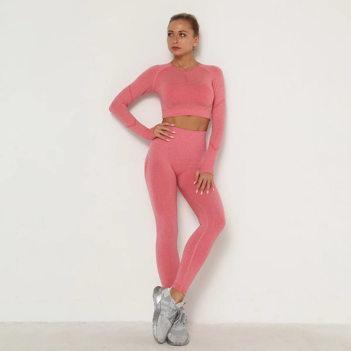 Elevate Your Workout with Our Seamless Long Sleeve Gym Set - Stylish Belly Control & High Waist Leggings for Ultimate Comfort