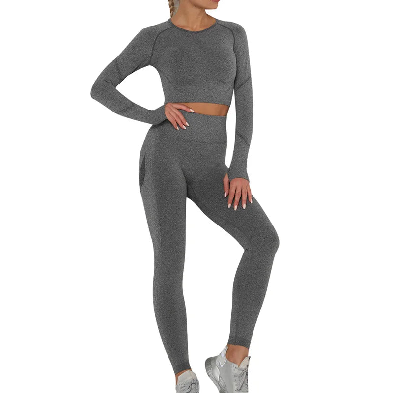 Elevate Your Workout with Our Seamless Long Sleeve Gym Set - Stylish Belly Control & High Waist Leggings for Ultimate Comfort