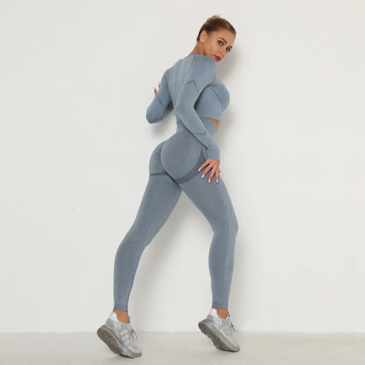 Elevate Your Workout with Our Seamless Long Sleeve Gym Set - Stylish Belly Control & High Waist Leggings for Ultimate Comfort